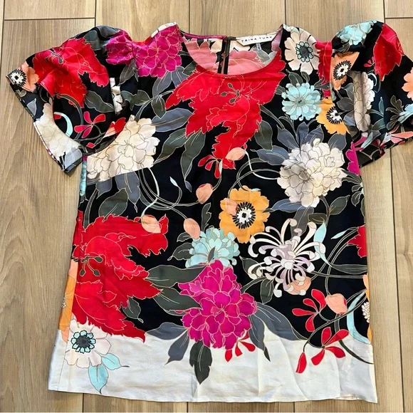 Trina Turk Floral Silk Blouse - Red, Black, and White / L - Picture 1 of 5